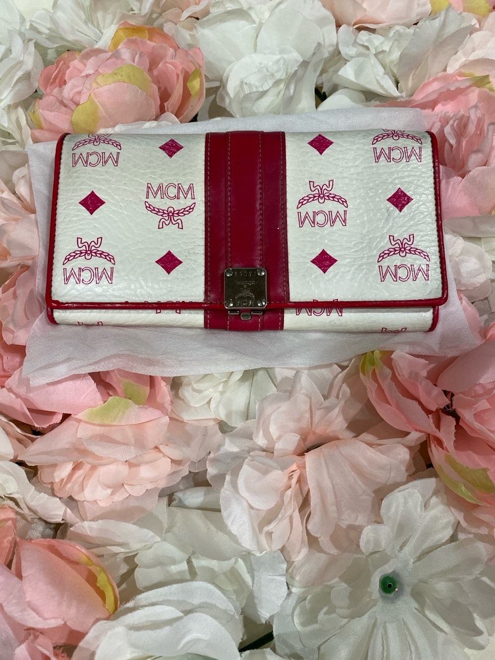MCM White & Pink Logo Continental Wallet with Center Stripe